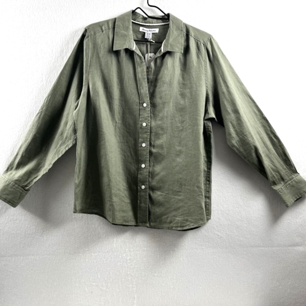 Tommy Bahama Coastalina 100% Linen NEW Med Women's Button Long Sleeve Tea Leaf